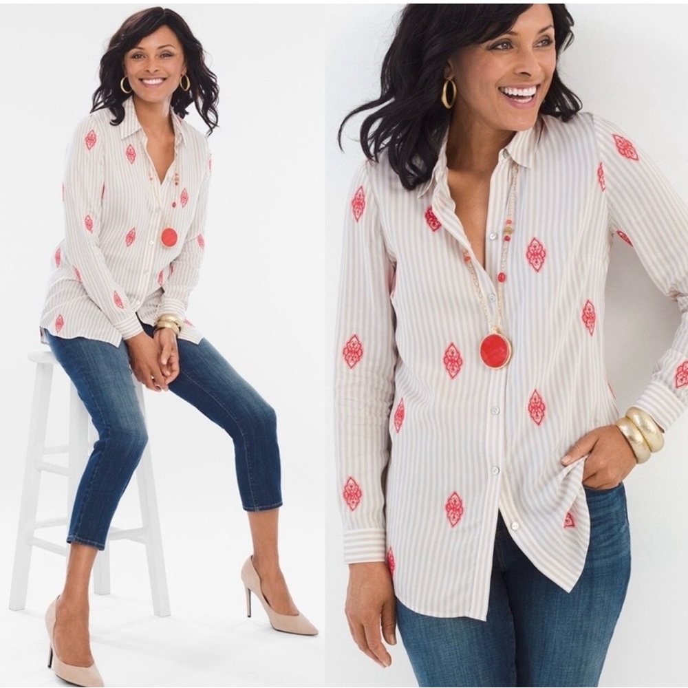 Chico's striped Cream Coral Embroidered Button-Down Shirt
